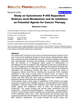 Study on Cytochrome P-450 Dependent Retinoic Acid Metabolism and Its Inhibitors As Potential Agents for Cancer Therapy