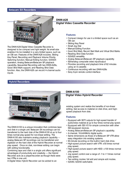 Betacam SX Recorders Hybrid Recorders DNW-A100 Digital Video