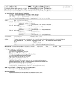 Later C3 Corvettes SVRA Supplemental Regulations