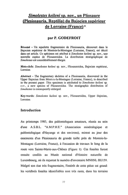 Simolestes Keileni Sp. Nov„ Un Pliosaure (Plesiosauria, Reptilia) Du Baiocien Supérieur De Lorraine (France)*