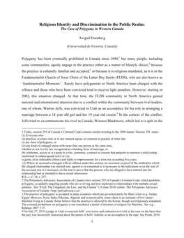 Religious Identity and Discrimination in the Public Realm: the Case of Polygamy in Western Canada