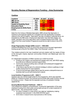 Scrutiny Review of Regeneration Funding – Area Summaries