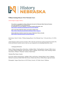 William Jennings Bryan's First Nebraska Years