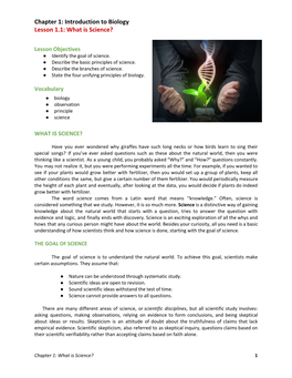 Chapter 1: Introduction to Biology Lesson 1.1: What Is Science?