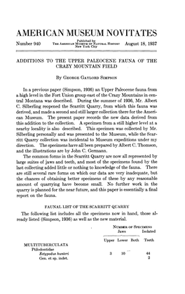 AMERICAN MUSEUM NOVITATES Published by Number 940 the AMERICAN MUSEUM of NATURAL HISTORY August 18, 1937 New York City