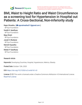 BMI, Waist to Height Ratio and Waist Circumference As a Screening Tool for Hypertension in Hospital out Patients: a Cross-Sectional, Non-Inferiority Study