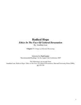 Radical Hope Ethics in the Face of Cultural Devastation By: Jonathan Lear