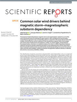 Common Solar Wind Drivers Behind Magnetic Storm–Magnetospheric Substorm Dependency Received: 19 July 2017 Jakob Runge 1,4,5, Georgios Balasis 2, Ioannis A