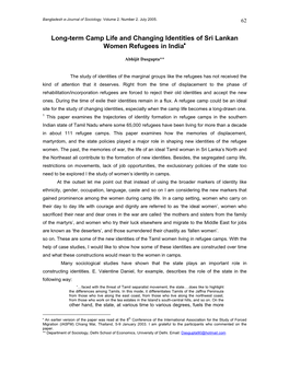 Long-Term Camp Life and Changing Identities of Sri Lankan Women Refugees in India•
