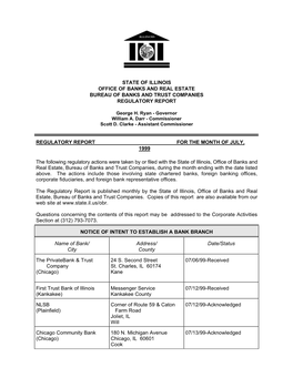 State of Illinois Office of Banks and Real Estate Bureau of Banks and Trust Companies Regulatory Report Regulatory Report Fo