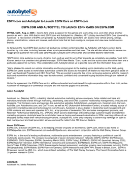 ESPN.Com and Autobytel to Launch ESPN Cars on ESPN.Com