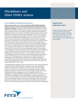 Disciplinary and Other FINRA Actions Reported for September 2013