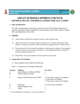 Asean Schools Sports Council General Rules and Regulations for All Games