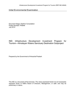 Initial Environmental Examination: India, Infrastructure Development Investment Program for Tourism