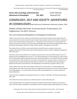 Honors 392, Cosmology, Self and Society: Prof B