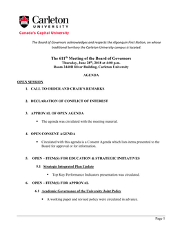 The 611Th Meeting of the Board of Governors Thursday, June 28Th, 2018 at 4:00 P.M