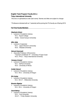 English Track Program Faculty (B.A.) Tokyo International University This List Is in Alphabetical Order (Last Name)