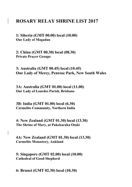 Rosary Relay Shrine List 2017