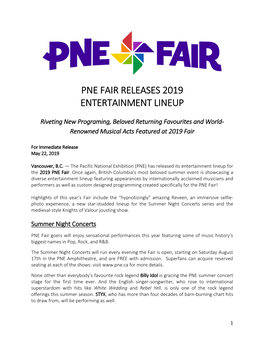 Pne Fair Releases 2019 Entertainment Lineup