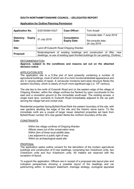 SOUTH NORTHAMPTONSHIRE COUNCIL – DELEGATED REPORT Application for Outline Planning Permission Application No. S/2019/0941/OUT