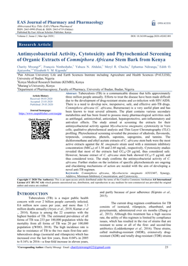 Antimycobacterial Activity, Cytotoxicity and Phytochemical Screening of Organic Extracts of Commiphora Africana Stem Bark from Kenya