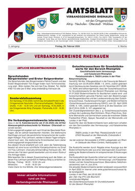 Amtsblatt Verbandsgemeinde Rheinauen Mit Den Ortsgemeinden Wir Unterstützen Die Altrip · Neuhofen · Otterstadt · Waldsee