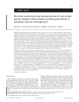 Minimal Overwintering Temperatures of Red-Sided Garter Snakes (Thamnophis Sirtalis Parietalis): a Possible Cue for Emergence?