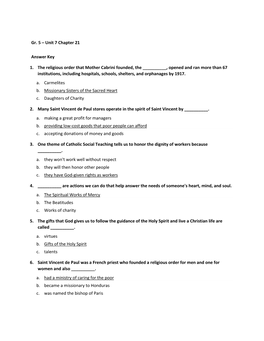 Gr. 5 – Unit 7 Chapter 21 Answer Key 1. the Religious Order That Mother