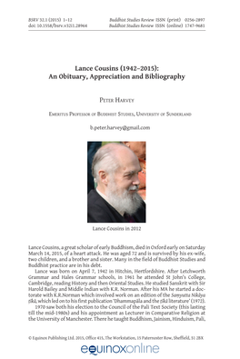 Lance Cousins (1942–2015): an Obituary, Appreciation and Bibliography