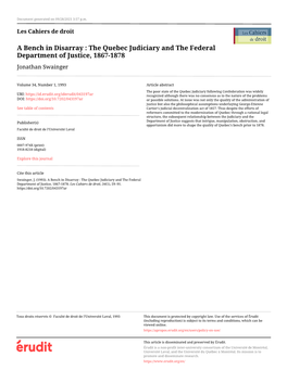 A Bench in Disarray : the Quebec Judiciary and the Federal Department of Justice, 1867-1878 Jonathan Swainger