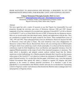 From Maitatsine to Boko-Haram and Beyond: a Requisite to Vet the Proposed Hate Speech Bill for Muslims’ Unity and National Security
