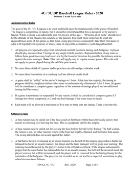 4U / 5U DP Baseball League Rules - 2020 Includes 3, 4 and 5 Year Olds