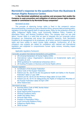 Nornickel's Response to the Questions from the Business & Human