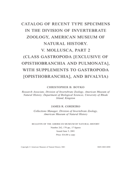 Catalog of Recent Type Specimens in the Division of Invertebrate Zoology, American Museum of Natural History