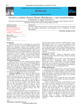 Anredera Cordifolia (Tenore) Steenis (Basellaceae) - a New Record for India R