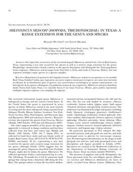 Miktoniscus Medcofi (Isopoda, Trichoniscidae) in Texas: a Range Extension for the Genus and Species