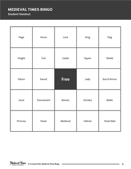 MEDIEVAL TIMES BINGO Student Handout