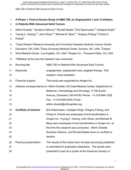 A Phase 1, First-In-Human Study of AMG 780, an Angiopoietin-1 and -2 Inhibitor, 2 in Patients with Advanced Solid Tumors
