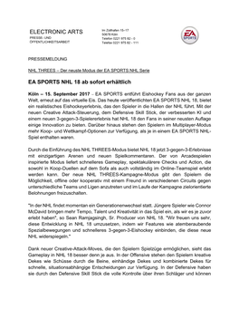 ELECTRONIC ARTS EA SPORTS NHL 18 Ab Sofort Erhältlich