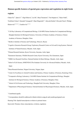 Human-Specific Features of Special Gene Expression and Regulation in Eight Brain Regions