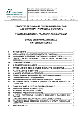 Progetto Preliminare Itinerario Napoli – Bari Raddoppio Tratta Cancello–Benevento 2° Lotto Funzionale – Frasso Telesino-V