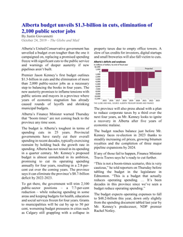 Alberta Budget Unveils $1.3-Billion in Cuts, Elimination of 2,100 Public Sector Jobs by Justin Giovannetti October 24, 2019 – the Globe and Mail