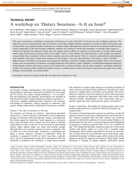 A Workshop on 'Dietary Sweetness—Is It an Issue?'