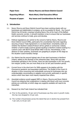 Newry, Mourne and Down District Council Smes, Particularly the Uncertainties That Exist Regarding Securing a Future Trade Agreement Or a No-Deal Brexit