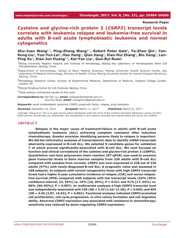 (CSRP2) Transcript Levels Correlate with Leukemia Relapse and Leukemia-Free Survival in Adults with B-Cell Acute Lymphoblastic Leukemia and Normal Cytogenetics