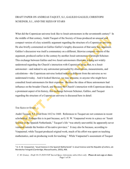 DRAFT PAPER on ANDREAS TAQUET, S.J., GALILEO GALILEI, CHRISTOPH SCHEINER, S.J., and the SIZES of STARS What Did the Copernican U