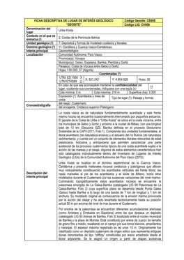 FICHA DESCRIPTIVA DE LUGAR DE INTERÉS GEOLÓGICO “GEOSITE” Código Geosite: CB008 Código LIG: CV008 Denominación Del Luga