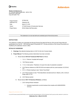 Addendum #4 Date: March 27, 2018 Owner : CT DAS Division of Construction Services Project Name: ECSU Shafer Hall Renovation