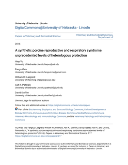 A Synthetic Porcine Reproductive and Respiratory Syndrome Unprecedented Levels of Heterologous Protection