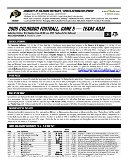 2005 COLORADO Football: GAME 5 — TEXAS A&M Saturday, October 8 in Boulder, Colo